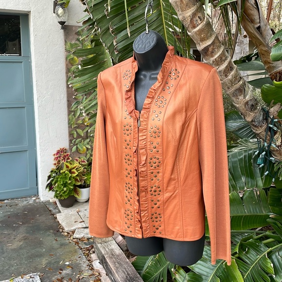 Peter Nygard, iridescent, metallic studded, ruffled, leather jacket - Picture 3 of 9